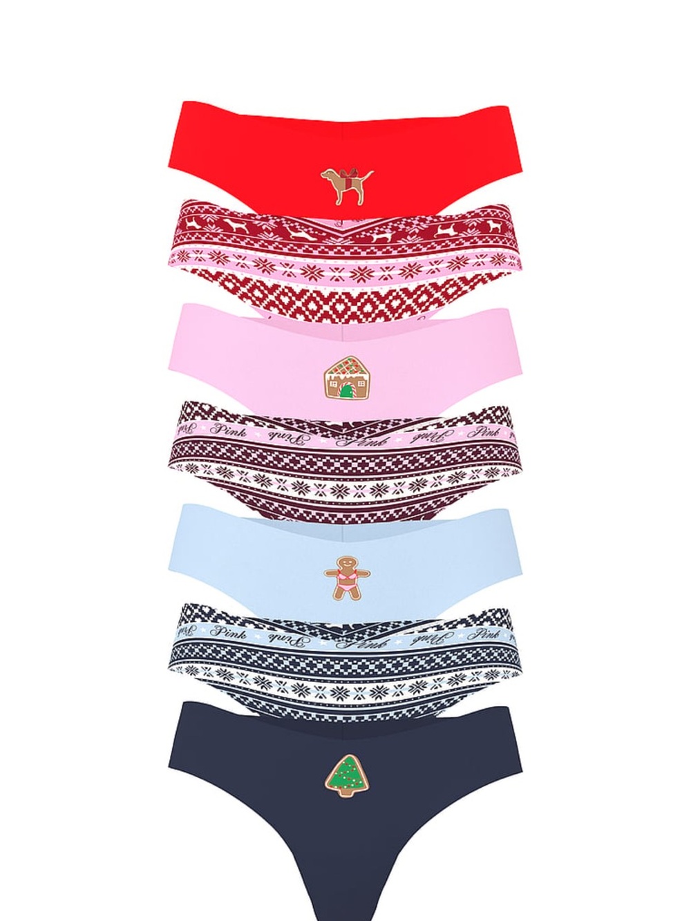 Pink Victoria Secret 7-Pack No Show Thong Panties In Holiday Fair Isle
